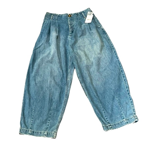 NWT Free People Paperbag Baggy Barrel Leg Linen Blend Cropped Jeans Womens 12 - Picture 2 of 12
